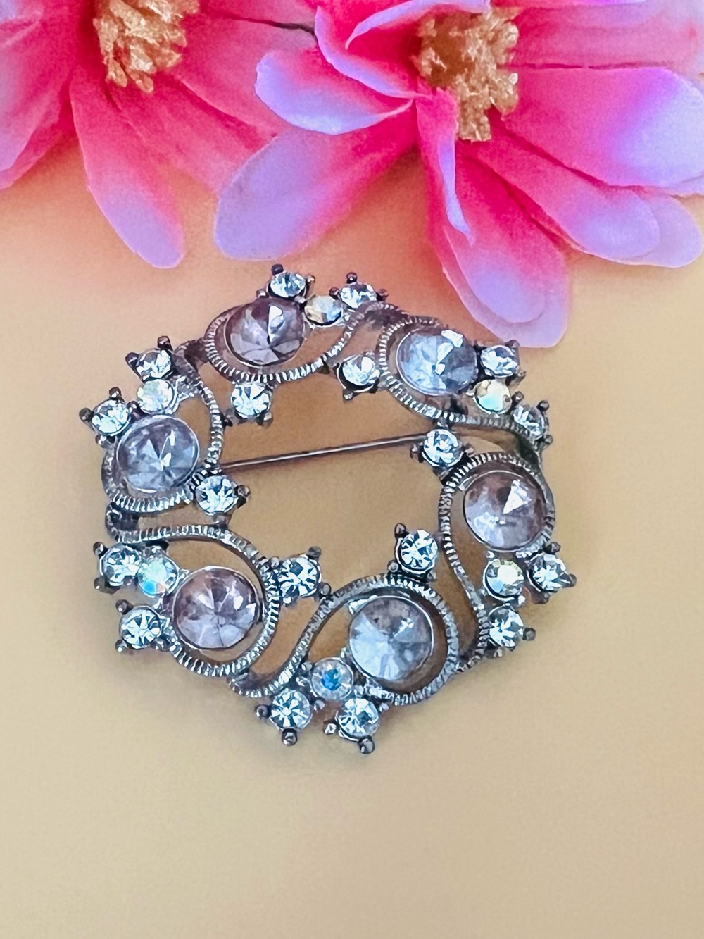Vintage Monet Openwork Pink & clear Rhinestones Brooch silver Tone Round Wreath